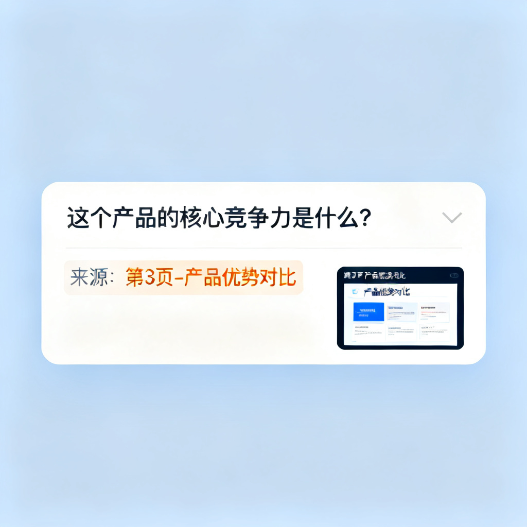 用户向AI提问“这个产品的核心竞争力是什么？”，AI回答框下方自动显示“来源：第3页-产品优势对比”，并高亮标注PPT中对应页面