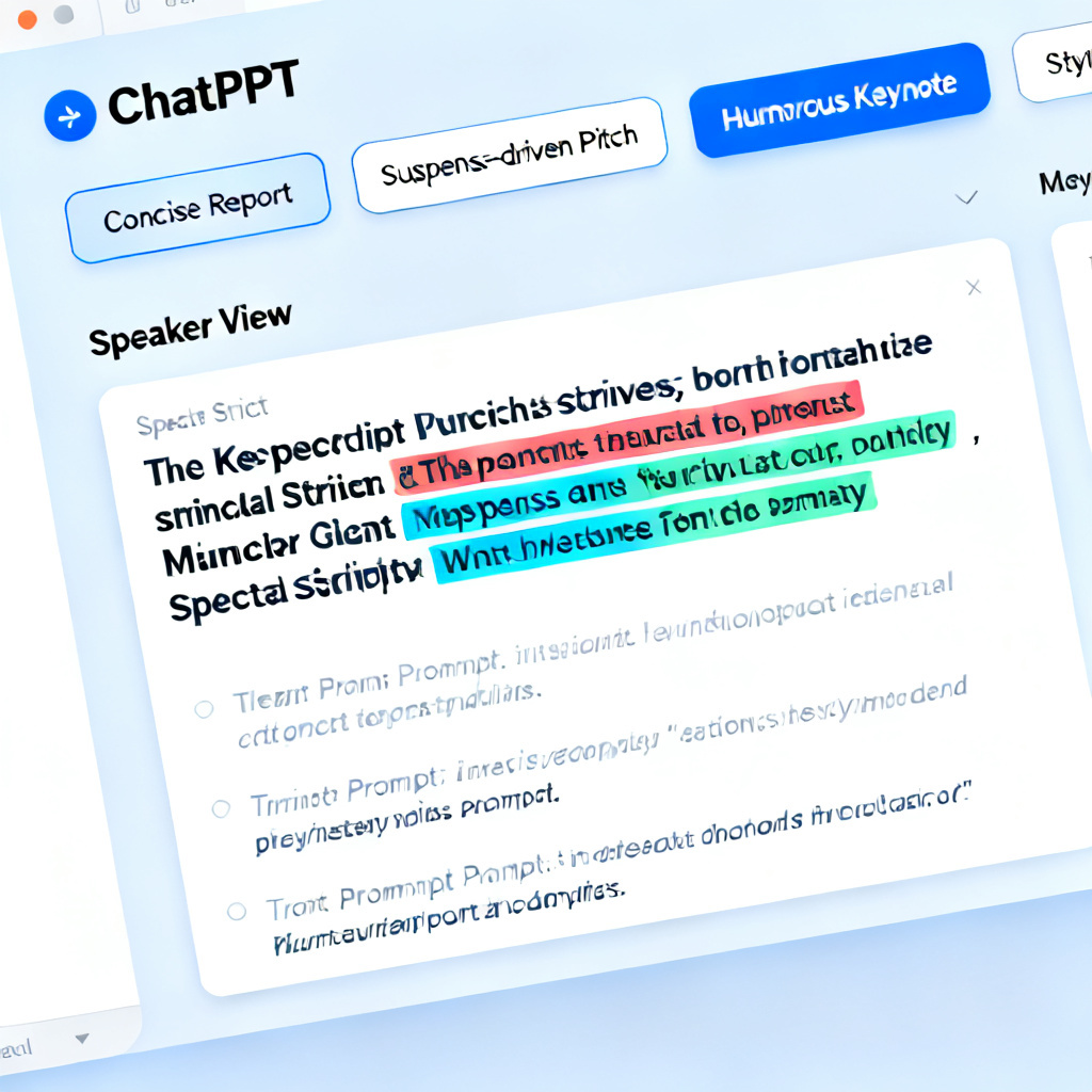 A close-up screenshot of ChatPPT's speech script generation interface, showing multiple style options (e.g., 'Concise Report', 'Suspense-driven Pitch', 'Humorous Keynote') and the 'Speaker View' mode with highlighted key phrases and transition prompts.