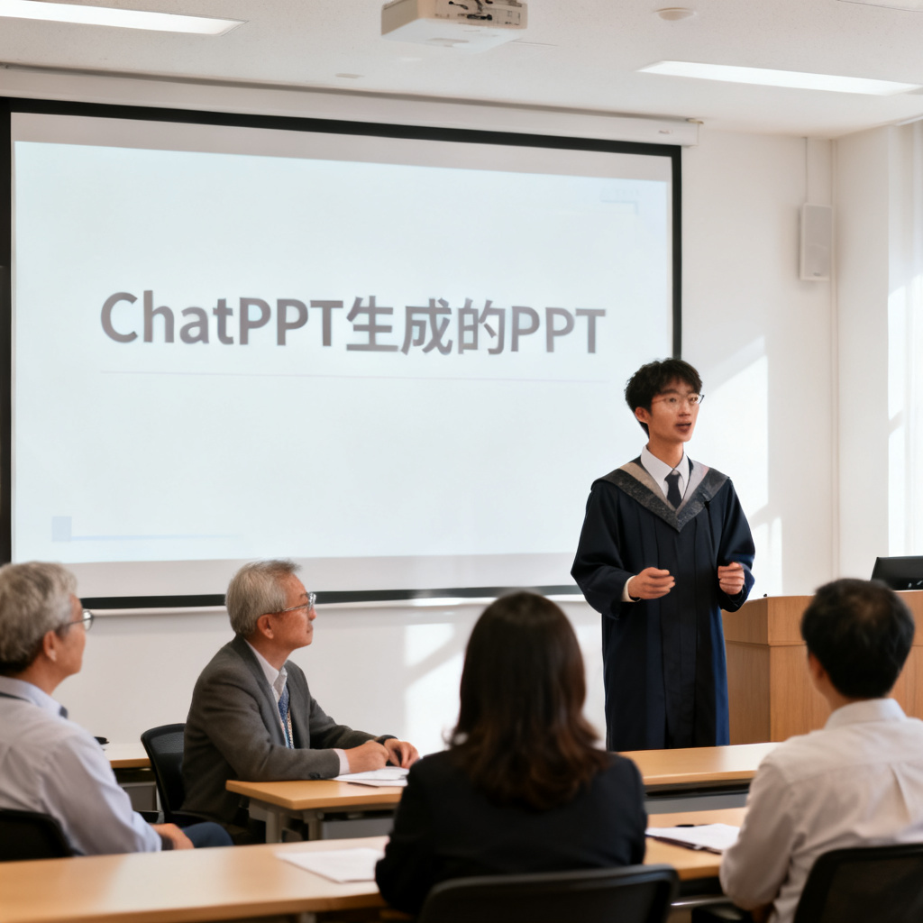 一个研究生在答辩现场自信演讲,身后大屏幕显示ChatPPT生成的PPT,评委表情专注,风格写实,光线明亮