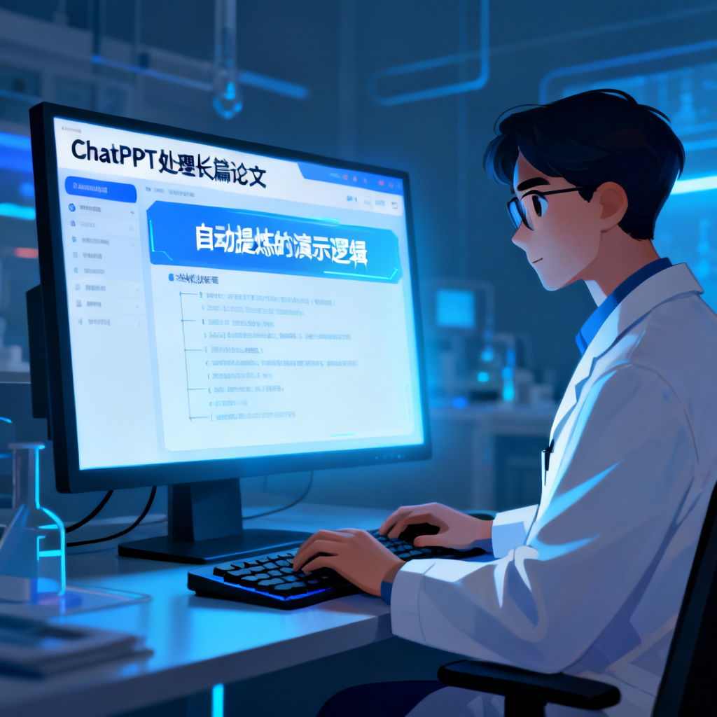 一位科研人员正在使用ChatPPT处理长篇论文，屏幕上显示着自动提炼的演示逻辑