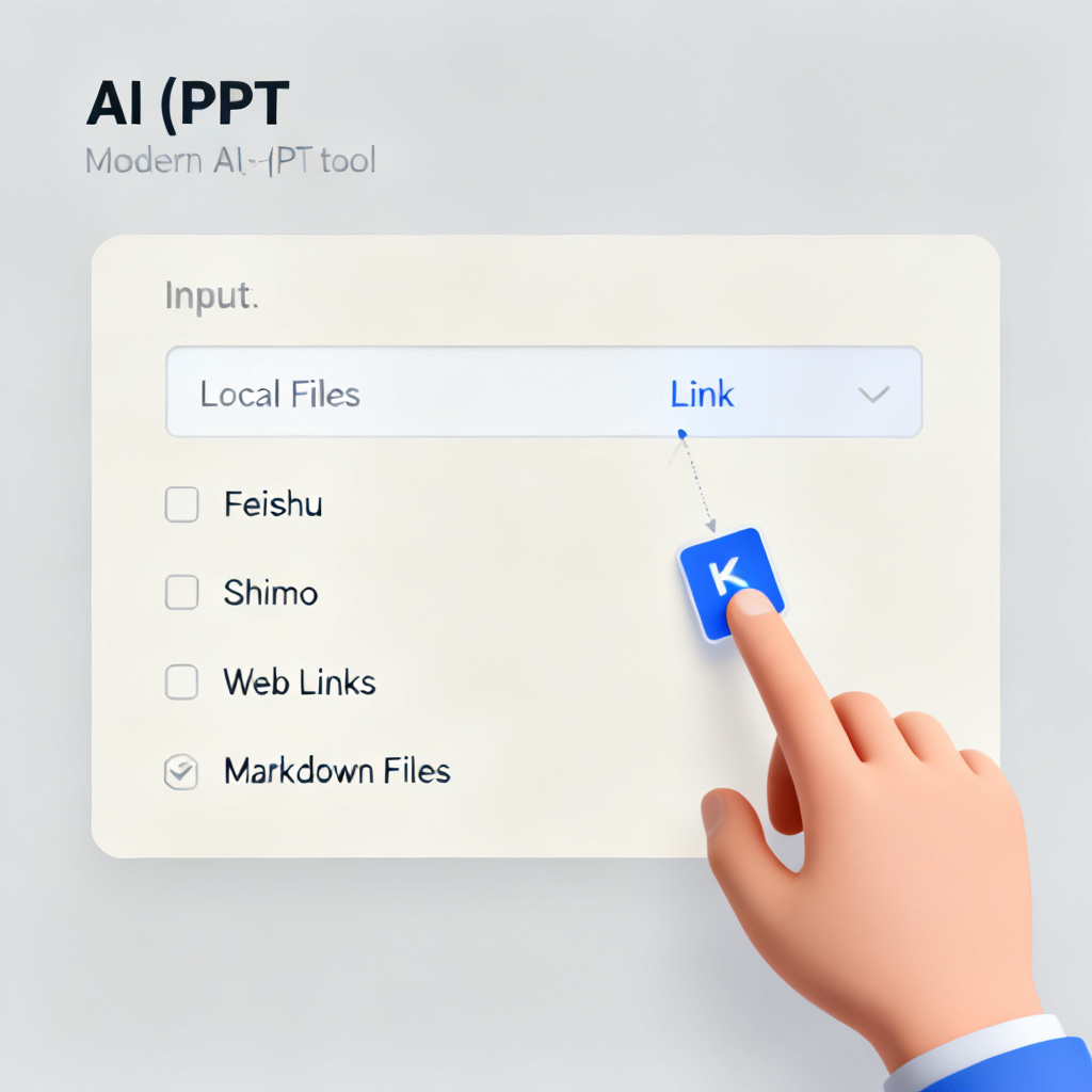 A modern AI PPT tool interface showing multiple input options: local files, online documents (Feishu, Shimo), web links, Markdown files. A user drags a link into the input area. Clean UI with neutral colors.
