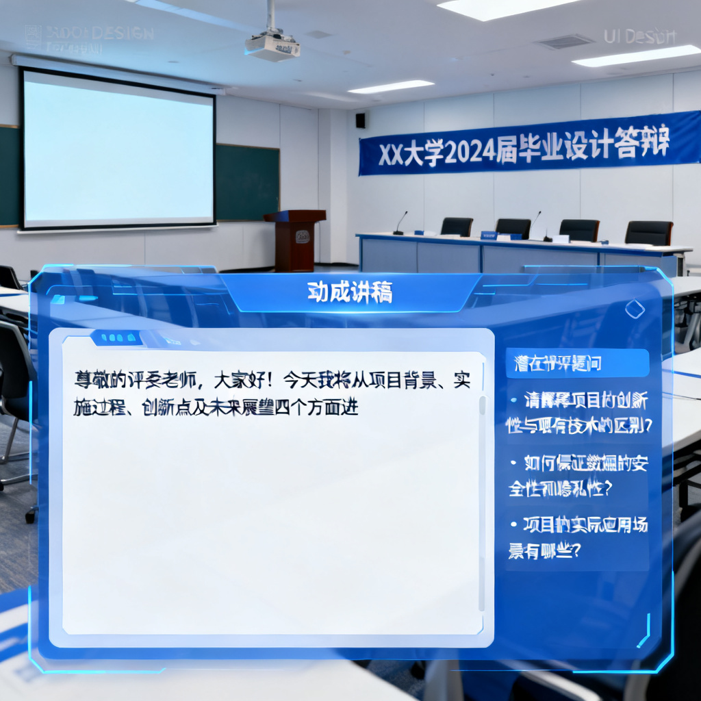 一张ChatPPT答辩逐字稿生成功能的界面截图,显示自动生成的讲稿和潜在评委提问列表,背景为答辩场景