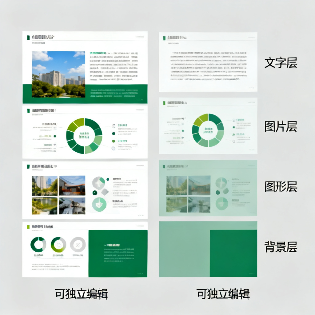 PPT图层分离示意图，左侧显示完整页面，右侧拆解为文字层、图片层、图形层、背景层，每个图层可独立编辑