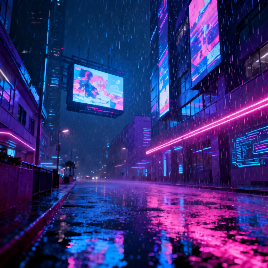 一个赛博朋克风格的城市夜景，霓虹灯与雨水交织，远处是悬浮的广告牌，整体色调以蓝紫和粉色为主，细节丰富，光影对比强烈
