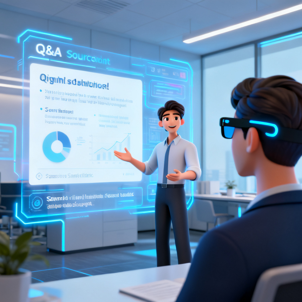 A futuristic office setting where a digital avatar is presenting a slide on a holographic screen, with a person wearing smart glasses watching. The avatar is realistic, with natural gestures, and the interface shows real-time Q&A and source citations.