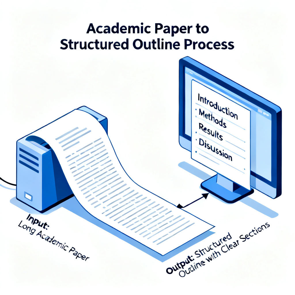 A flowchart showing a long academic paper being fed into a computer, and a structured outline with clear sections emerging, isometric style, blue and white color scheme