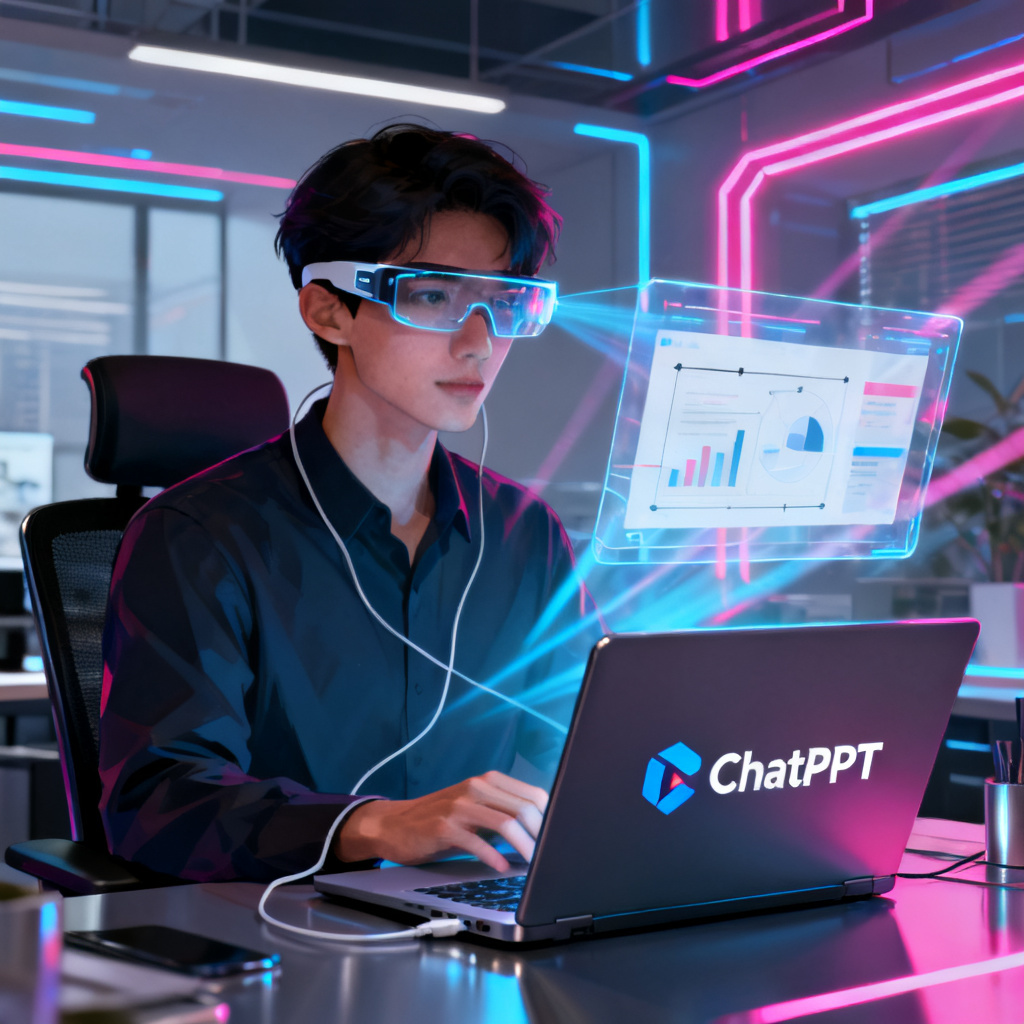 A person using smart glasses with a transparent display showing a presentation interface, connected to a laptop with ChatPPT logo, futuristic office setting, digital art style, 8K