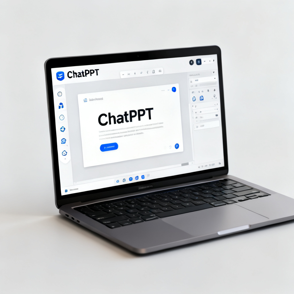 A sleek, minimalist screenshot of the ChatPPT interface on a laptop screen, showing a polished academic PPT slide being edited. The interface is clean with intuitive icons.
