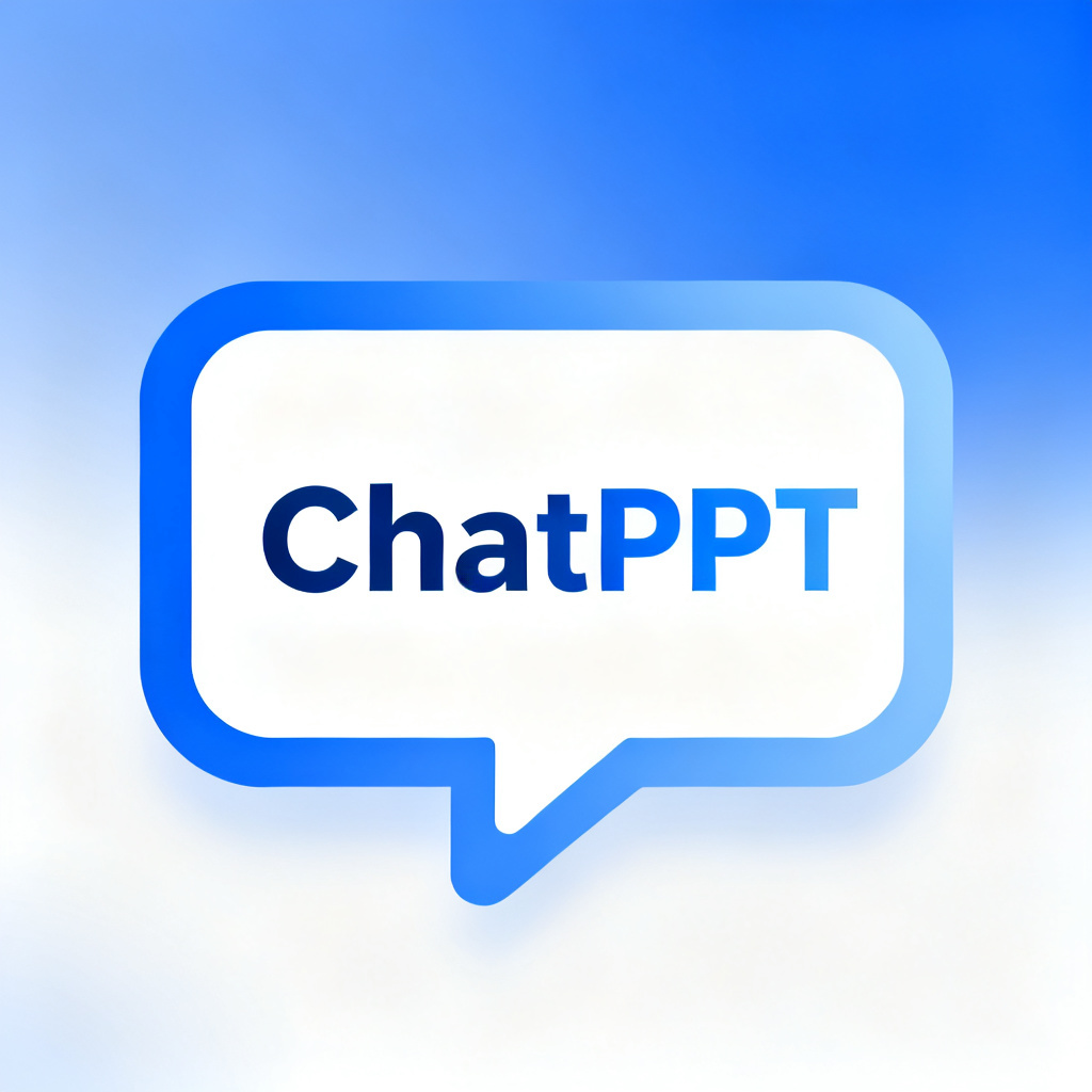 A clean, modern logo design for "ChatPPT" featuring a stylized chat bubble combined with a slide icon. The background is a soft gradient of blue and white, conveying a sense of professionalism and innovation.