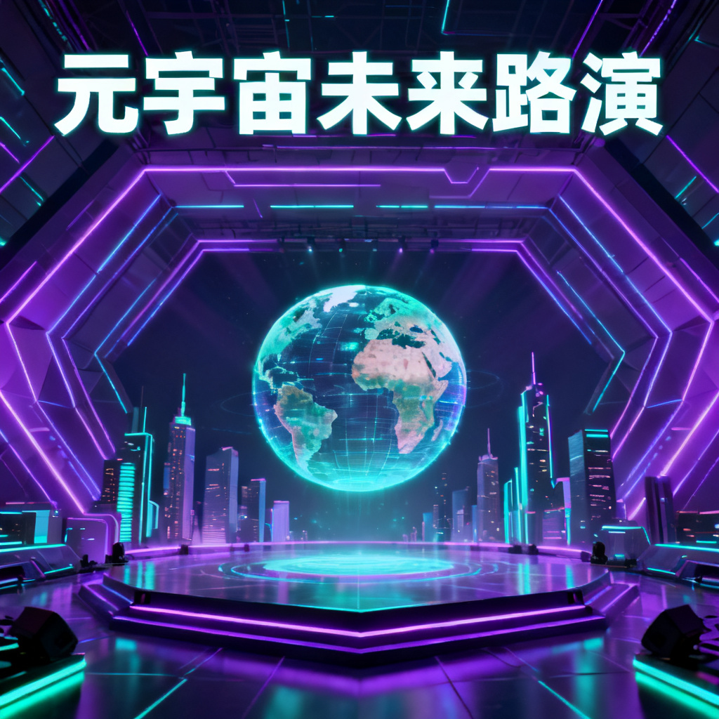 赛博朋克风格元宇宙路演PPT封面,主色调霓虹紫与青色,几何线条构成未来城市天际线,舞台中央悬浮全息地球,低角度仰视构图,强烈的透视感与发光特效,超清渲染