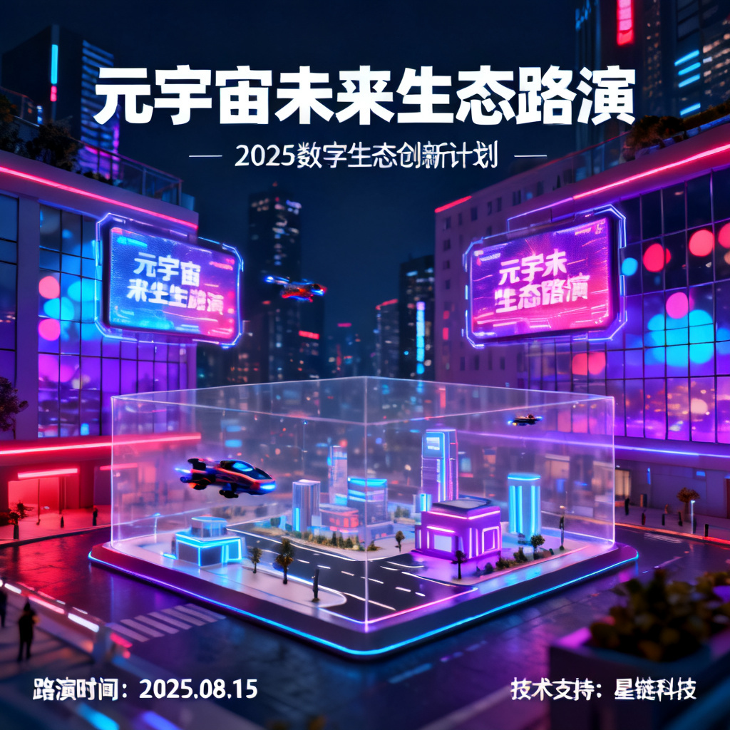 赛博朋克风格的元宇宙路演PPT，霓虹灯光，城市夜景，3D渲染，充满未来感