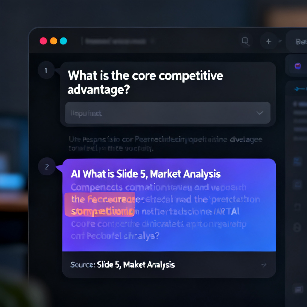 A close-up of a screen showing a chat interface. A user has typed: "What is the core competitive advantage?" The AI response is displayed, with a highlighted section and a footnote: "Source: Slide 5, Market Analysis." The interface is clean, with a modern dark theme.