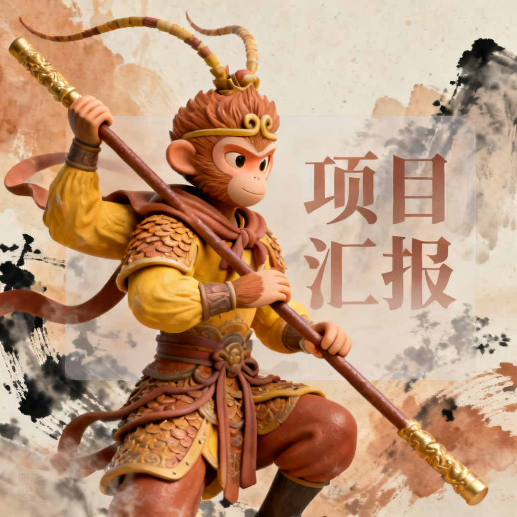 3D西游记风格项目汇报PPT内页,孙悟空形象,水墨背景,金箍棒元素,半透明文字区域,暖色调