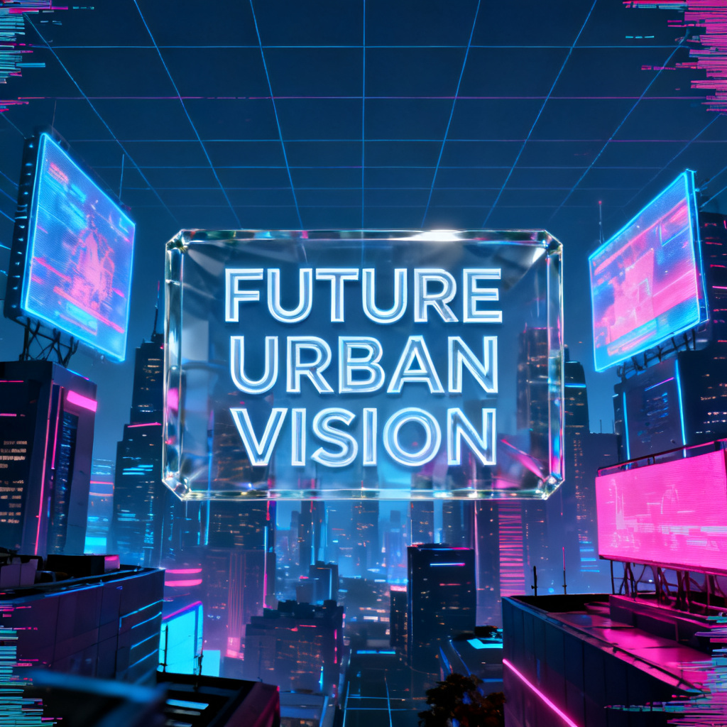 Generate a presentation slide in cyberpunk style with neon blue and magenta color palette, featuring a futuristic city skyline with holographic billboards, grid lines overlaying the background, and a transparent glass-textured title box in the center. Include subtle glitch effects on edges.