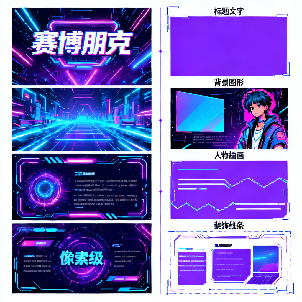 展示ChatPPT图层分离效果：左侧是一个完整的赛博朋克风格PPT页面，右侧是拆解后的独立图层，包括标题文字、背景图形、人物插画、装饰线条，每个图层都有清晰的边界和可编辑状态，展示其“像素级”拆解能力。