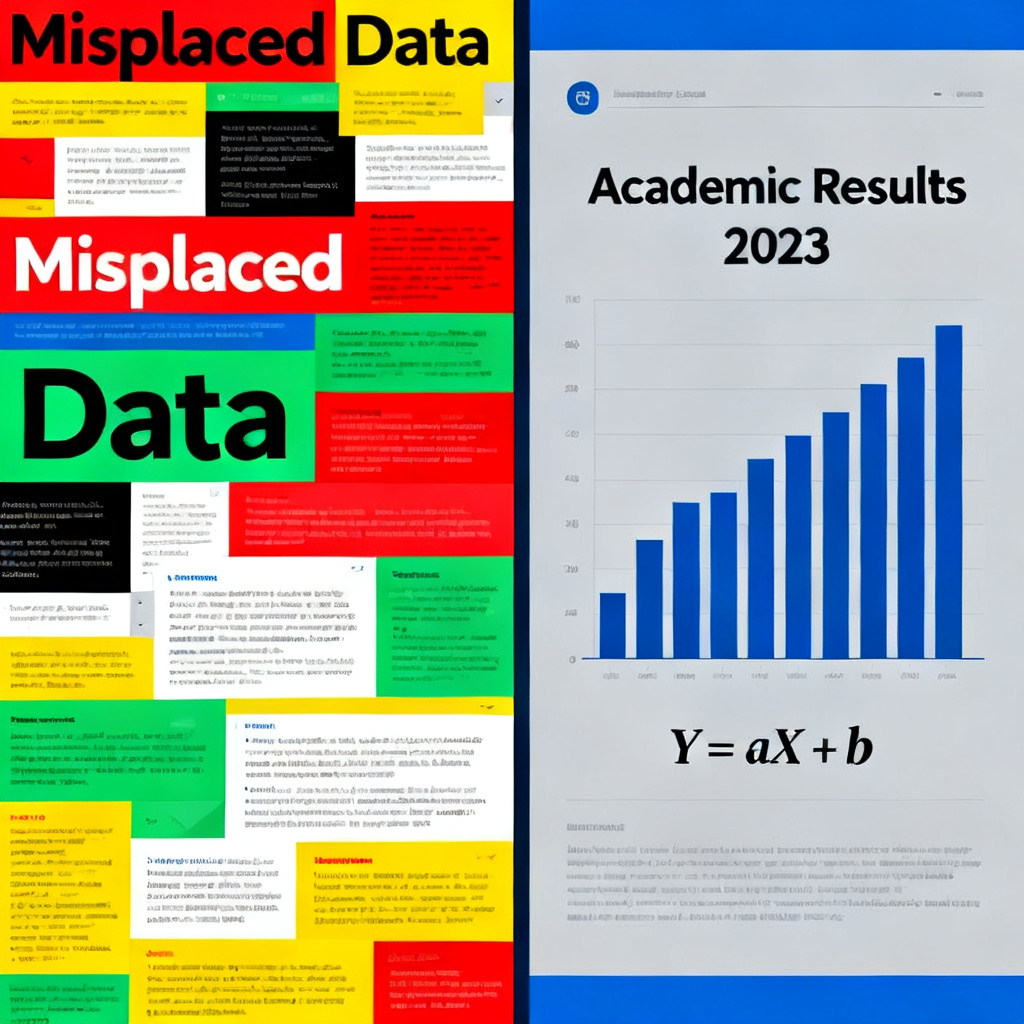 A side-by-side comparison of two academic PPT slides - the left side shows a cluttered, overly colorful layout with misplaced data, while the right side shows a clean, professional slide with a well-organized bar chart and clearly labeled formulas