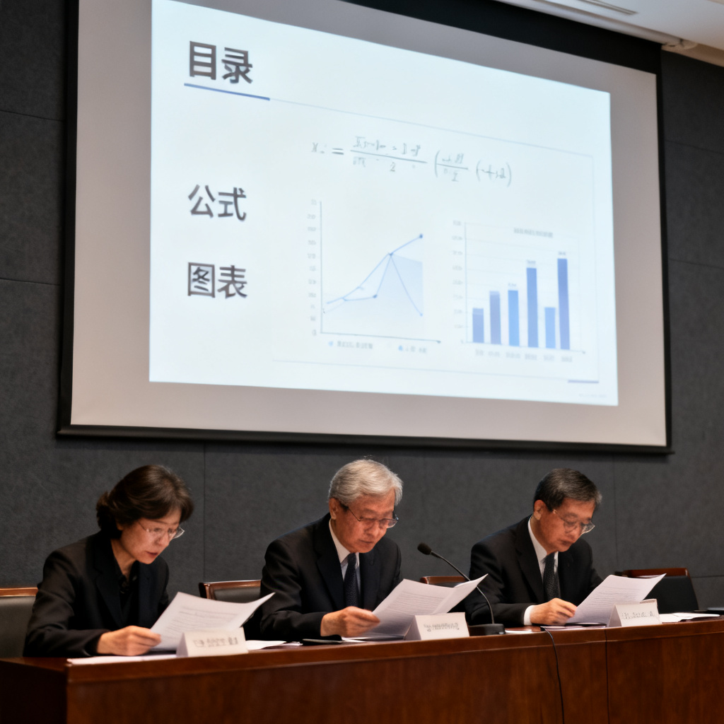 论文答辩现场，评委席上专家正在翻看投影PPT，PPT内容呈现清晰的目录、公式和图表，气氛正式，构图强调“逻辑清晰”带来的专业感