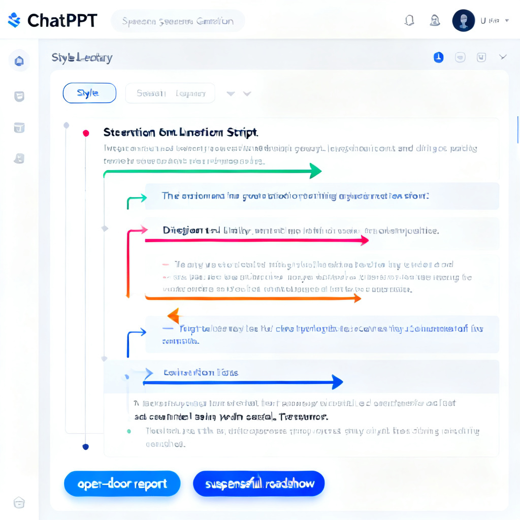 A screenshot of ChatPPT's speech generation interface, showing a structured script with highlighted logical transitions and style options like 'open-door report' and 'suspenseful roadshow'.