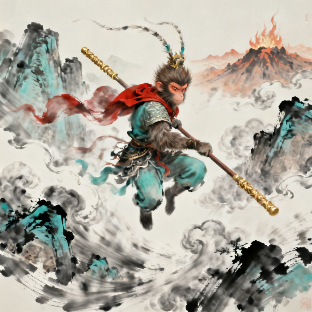 3D西游记风格,孙悟空,水墨渲染,动态场景