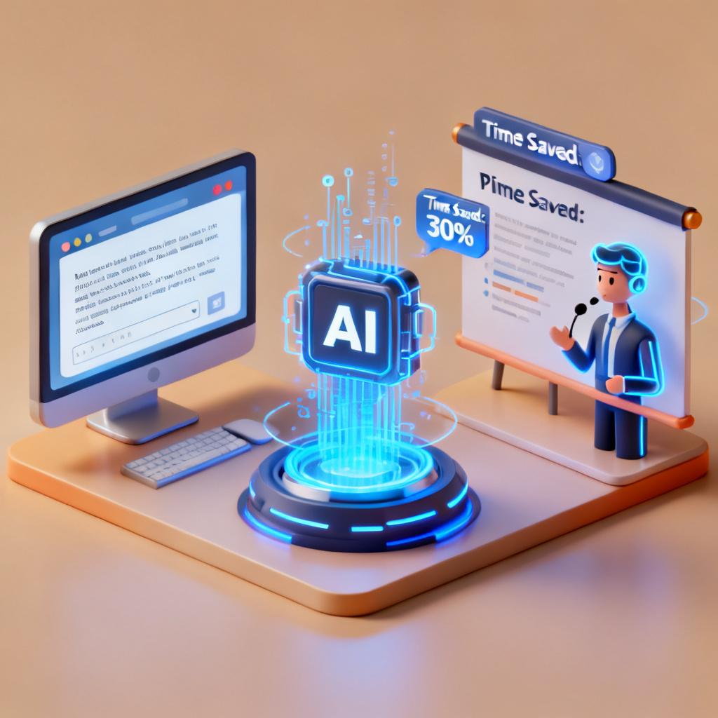 A 3D isometric illustration of an office workflow: input text on the left, AI processing in the center with glowing data flow, output as a polished PPT with a digital avatar speaking on the right, surrounded by metrics showing time saved.