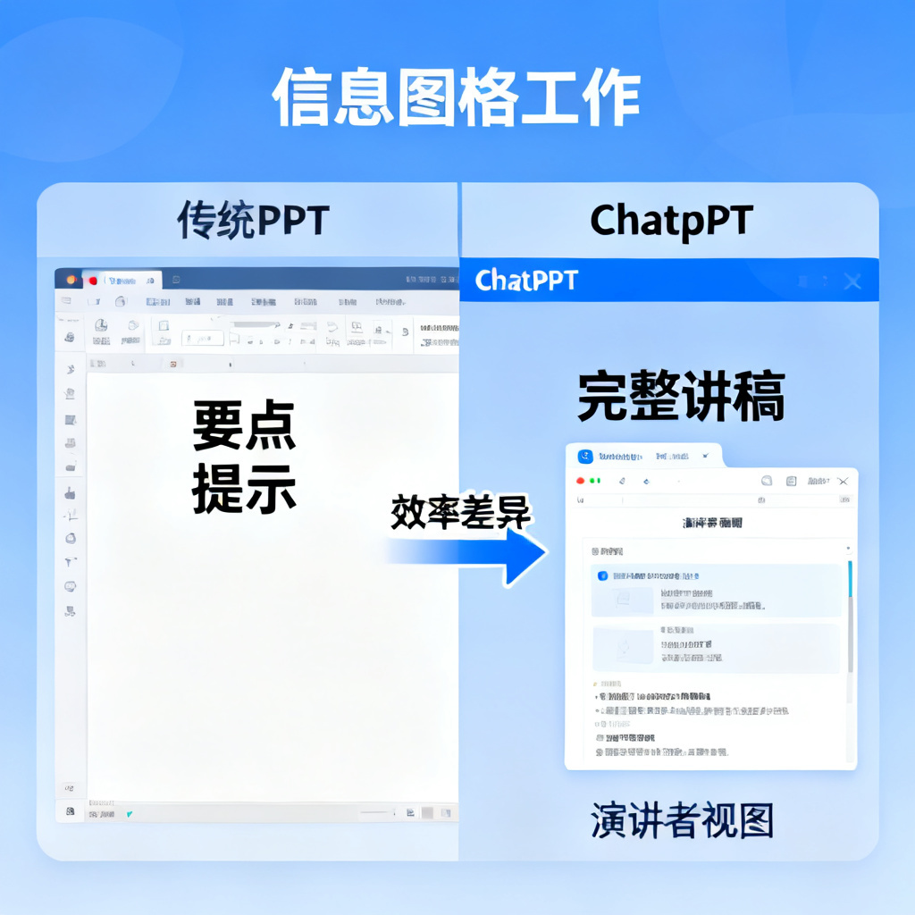 一张对比图，左侧是传统PPT工具仅显示要点提示，右侧是ChatPPT生成完整讲稿并附带演讲者视图，强调效率差异，信息图风格