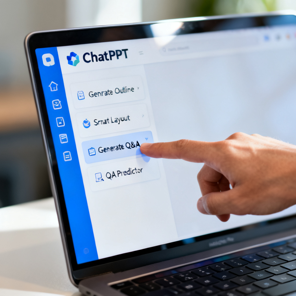 A close-up of a laptop screen displaying the ChatPPT interface, with a sidebar showing options for 'Generate Outline', 'Smart Layout', and 'Q&A Predictor'. A user is clicking on 'Generate Q&A'.