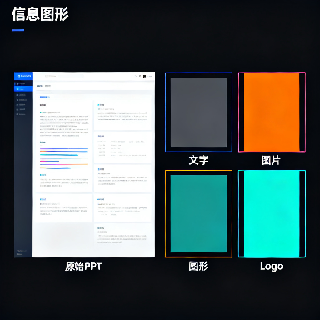 展示图层分离示意图，左侧为原始PPT页面，右侧为分离后的文字、图片、图形、Logo四个独立图层，每个图层以不同颜色高亮显示