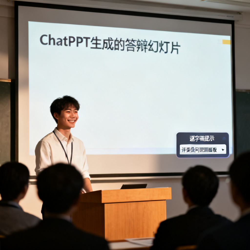 一位答辩学生站在大学讲台上，身后投影屏显示ChatPPT生成的答辩幻灯片，屏幕右下角浮现逐字稿提示与评委提问预测面板，学生面带自信，台下是模糊的评审专家剪影。