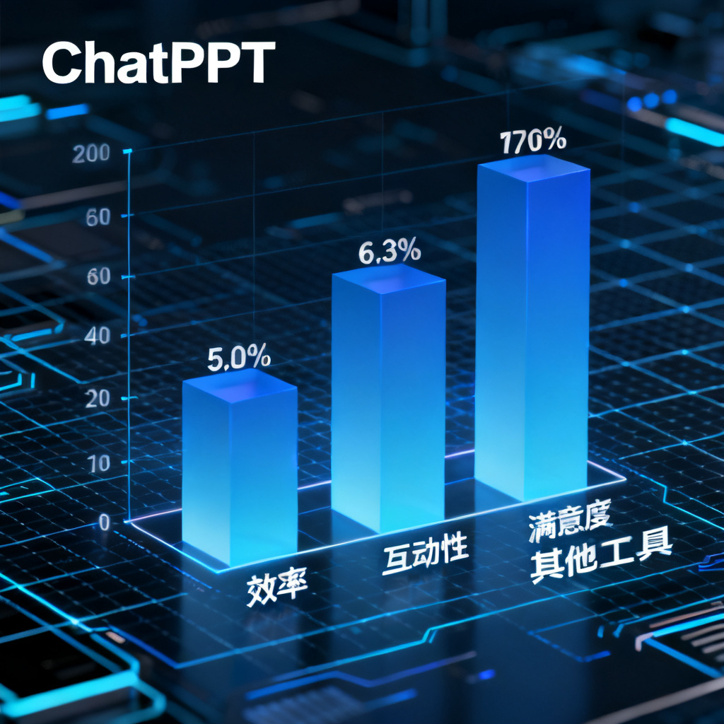 一张数据图表显示ChatPPT在效率、互动性、满意度三个维度上远高于其他工具,柱状图,数据标签清晰,背景为科技感网格