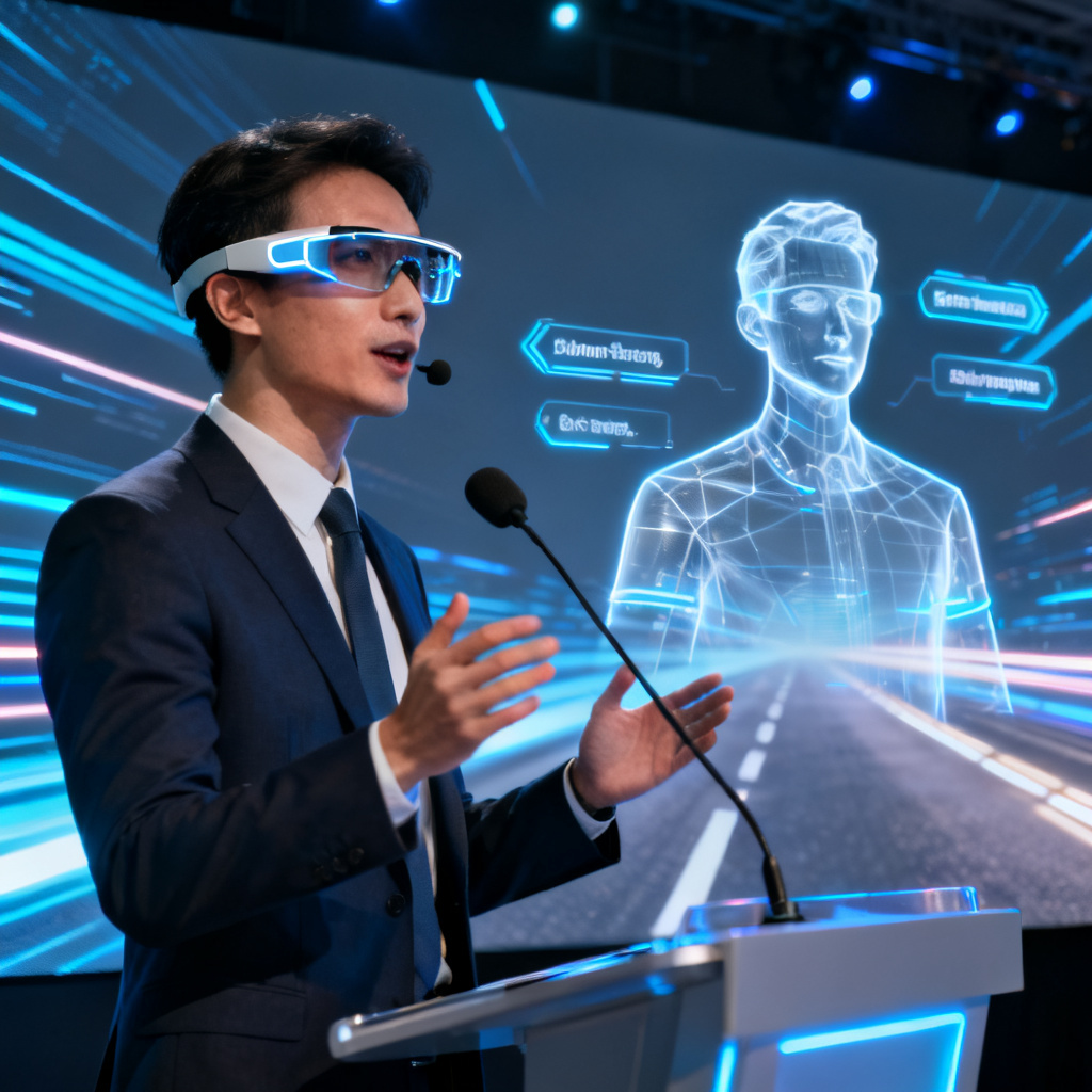 A business person wearing smart AI glasses delivering a speech, in front floats a transparent digital human projection, glasses display subtitle prompts, background is a roadshow screen, futuristic and tech feel