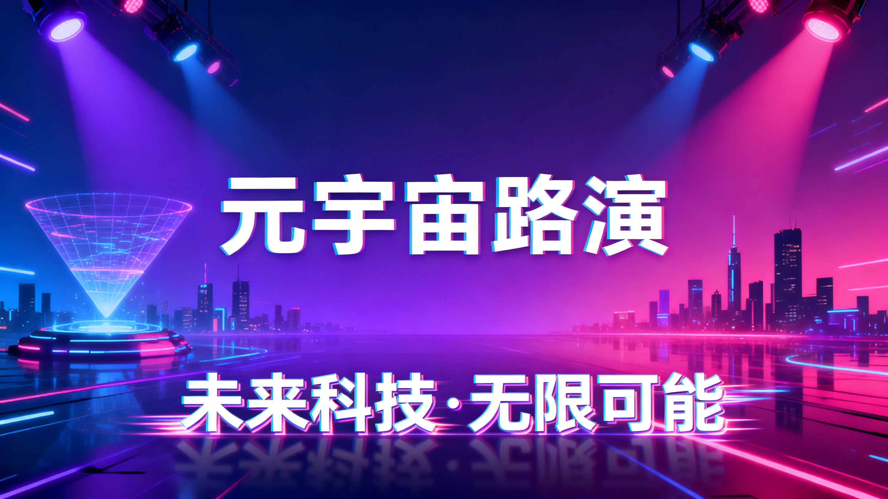赛博朋克风格的元宇宙路演PPT页面，霓虹灯光、全息投影、未来城市天际线，文字排版具有科技感，整体色调为紫蓝与品红