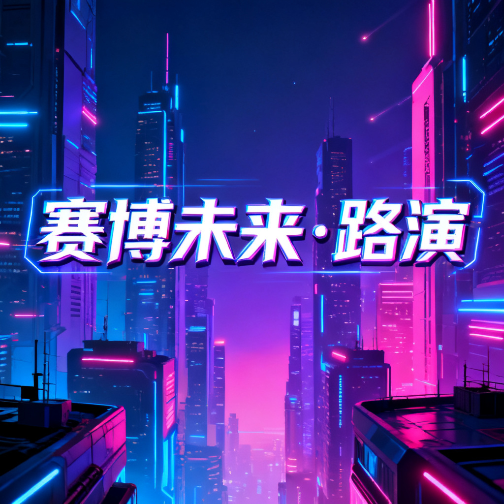 赛博朋克风格的路演PPT封面，霓虹灯光，未来城市背景，字体带有科技感，整体色调为蓝紫色与粉色渐变