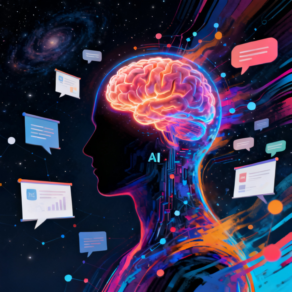 An abstract digital artwork of a human silhouette merging with a glowing AI brain, surrounded by floating presentation slides, speech bubbles, and data nodes. The background is a deep space with a subtle universe pattern. Style: surreal, digital art, vibrant colors.