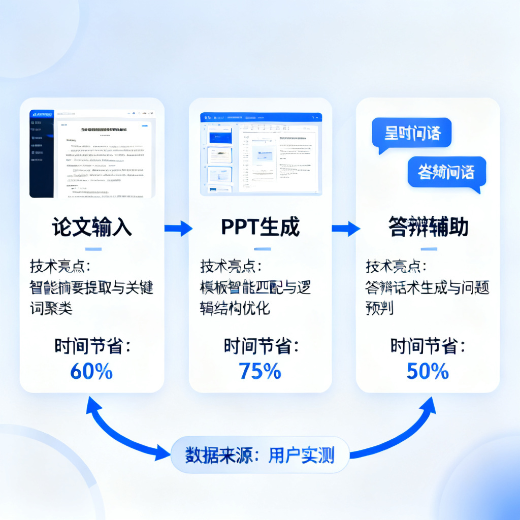 一个流程图，展示ChatPPT从论文输入到PPT生成再到答辩辅助的全链路闭环，标注每个环节的技术亮点与时间节省数据