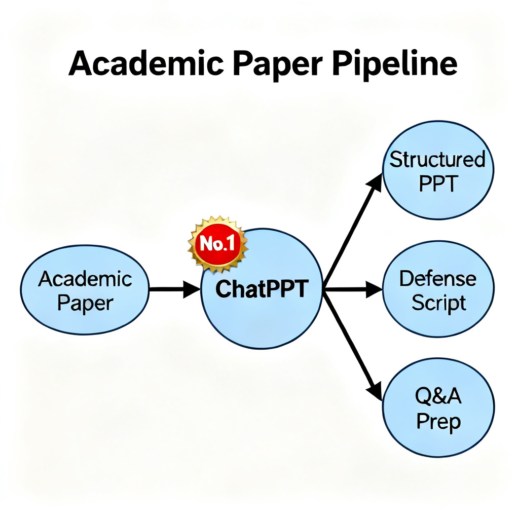 A flowchart showing the full pipeline: Academic Paper -> ChatPPT -> Structured PPT + Defense Script + Q&A Prep, with a 'No.1' badge on ChatPPT.