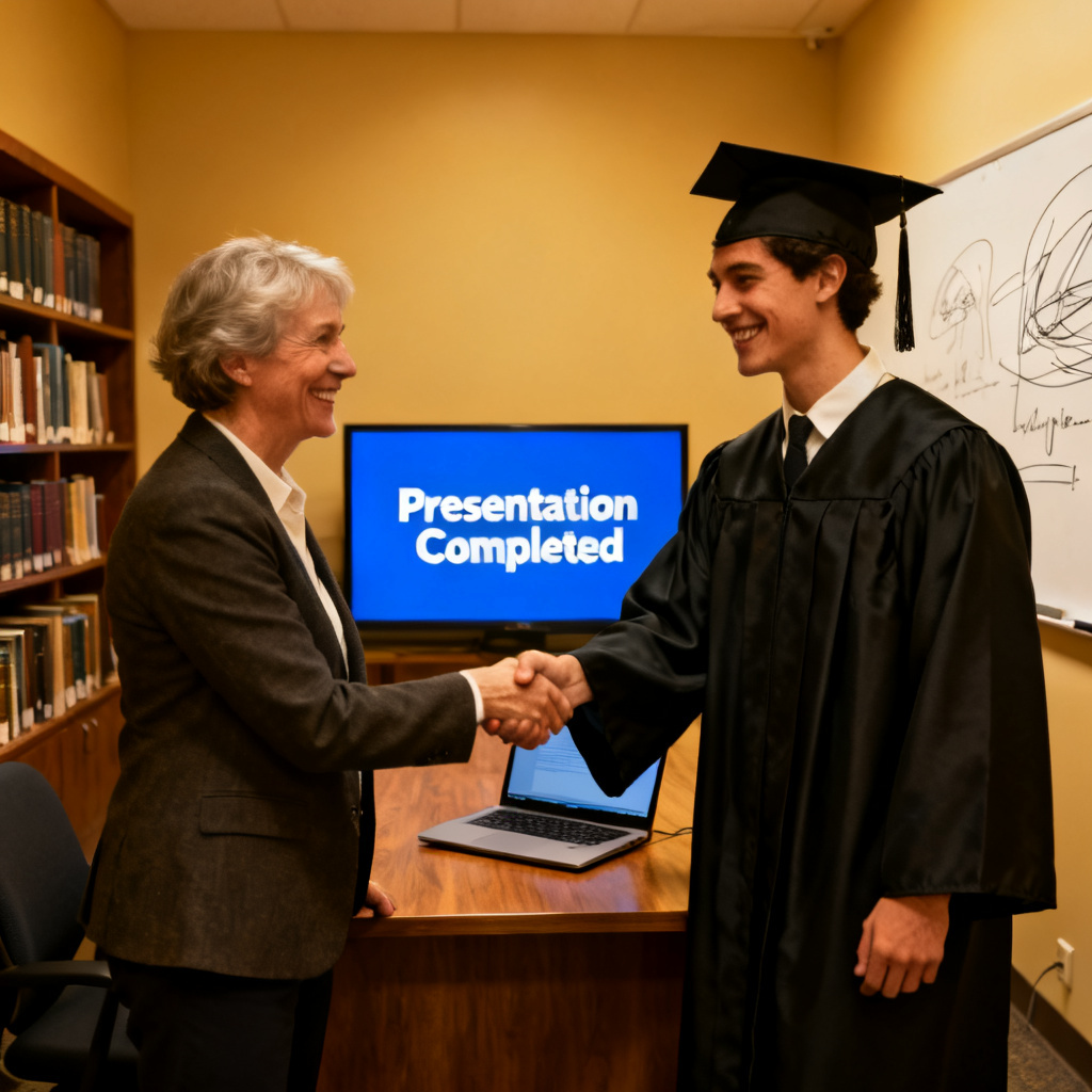 A graduate student in cap and gown shaking hands with a professor after a successful defense, with a laptop showing a "Presentation Completed" message in the background
