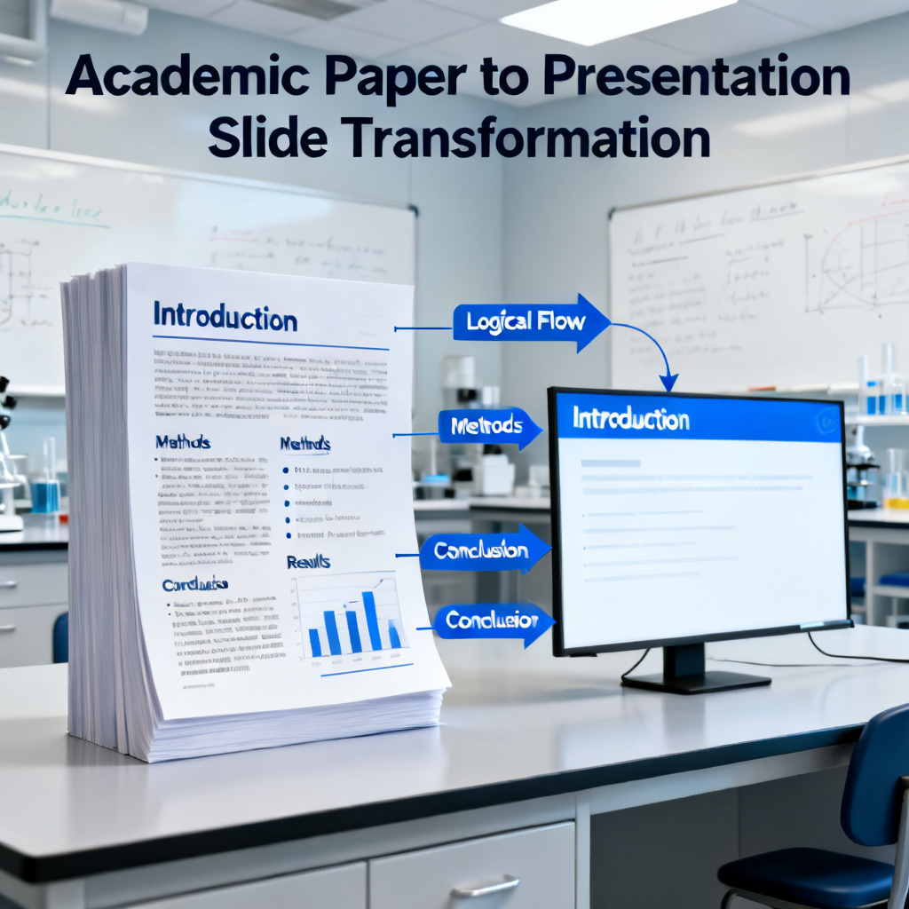 A detailed infographic showing a thick academic paper being transformed into a clean, structured presentation slide, with arrows indicating logical flow from introduction to conclusion, in a modern lab setting.