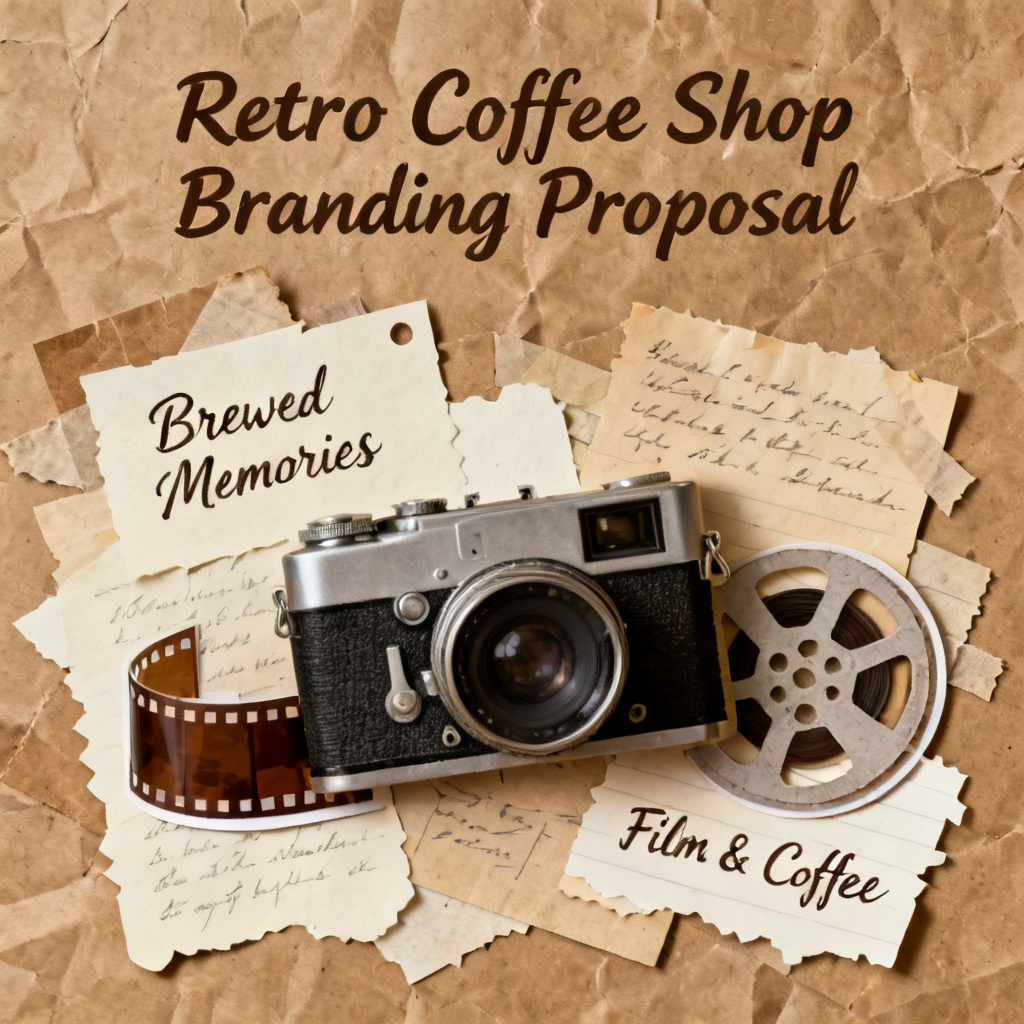 A handcrafted collage style on a brown kraft paper texture, featuring cut-out elements of vintage cameras, film reels, and handwritten notes, for a retro branding proposal for a coffee shop.