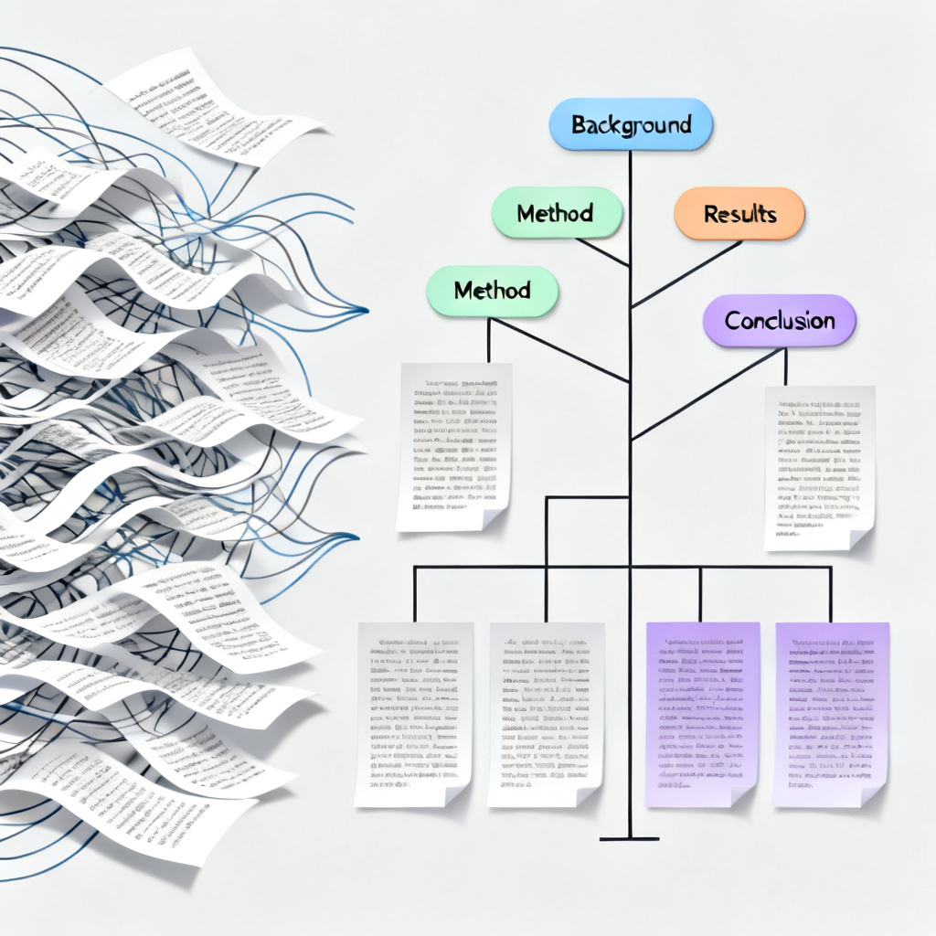 A complex network of paper paragraphs being reorganized into a clear logical tree, with nodes labeled 'Background', 'Method', 'Results', 'Conclusion', style: infographic, clean lines