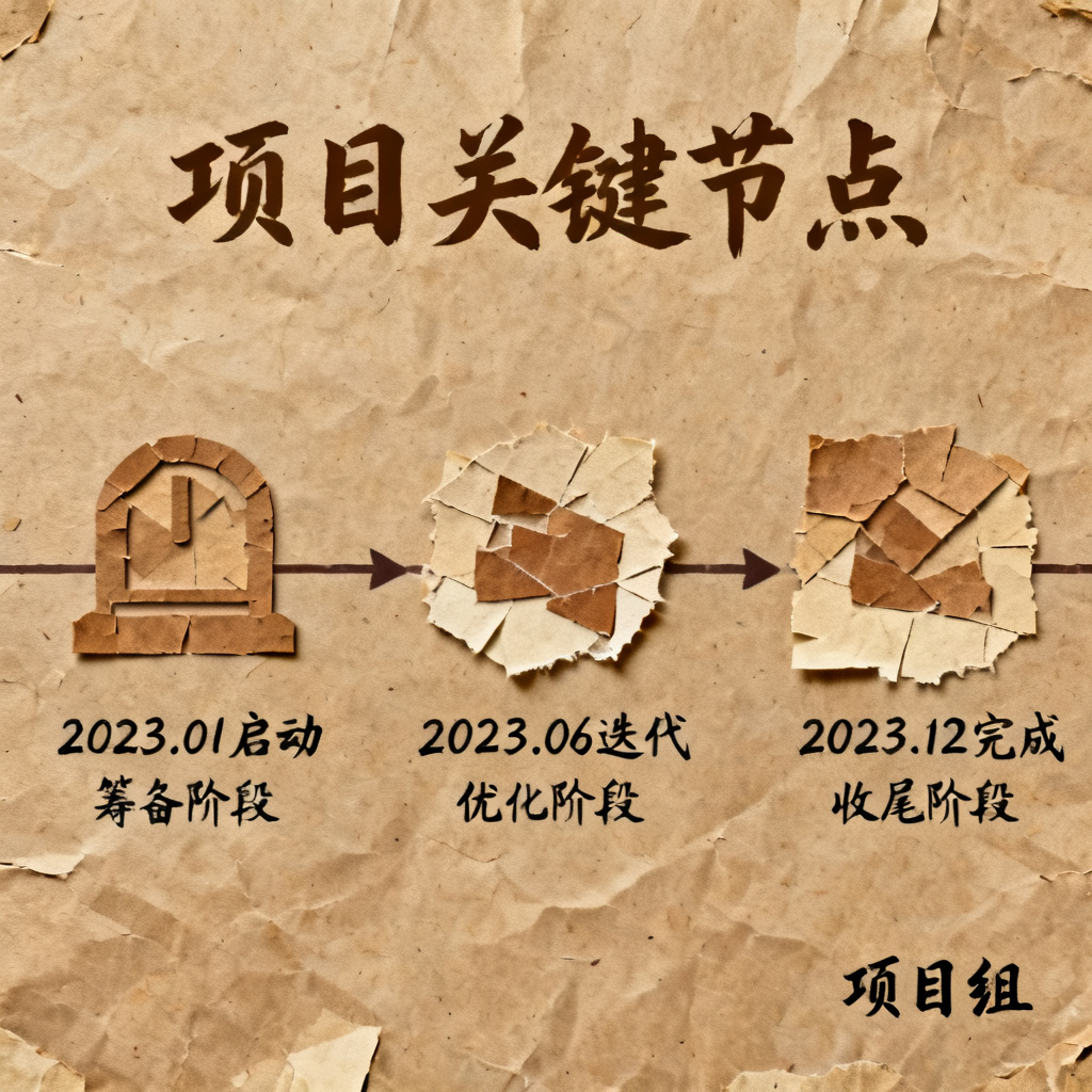 牛皮纸贴画风格的项目时间线页面,元素以剪纸和拼贴效果呈现,背景是牛皮纸纹理,文字使用手写字体,配色以棕色和米色为主,带有复古手工艺的质感。