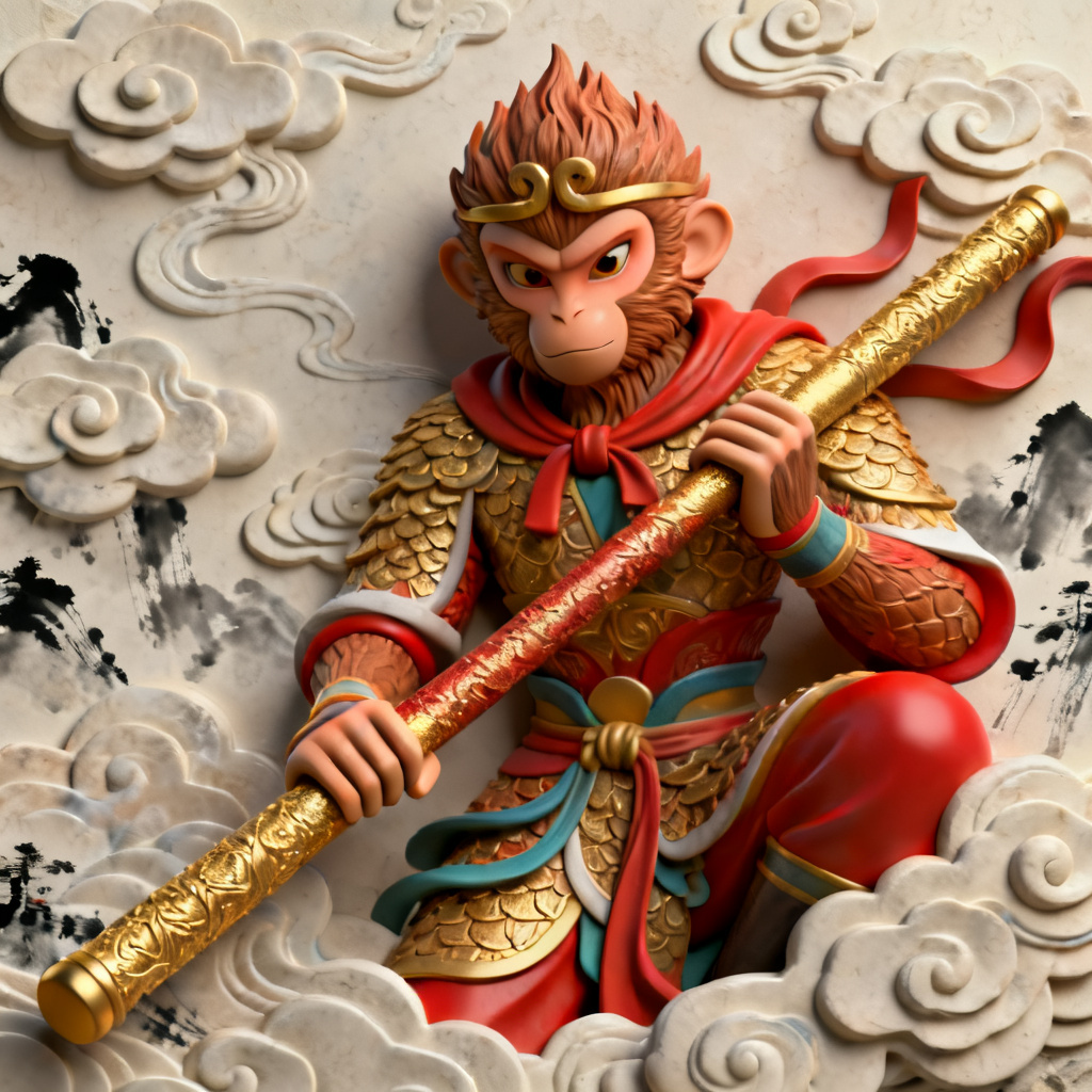 3D西游记风，孙悟空主题演示页面，立体浮雕效果，金箍棒纹理，祥云背景，传统水墨与现代3D结合，色彩鲜艳，细节丰富