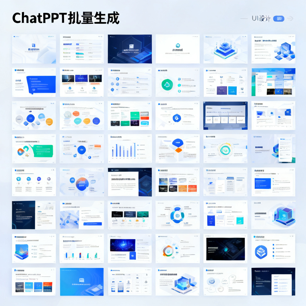 展示ChatPPT批量生成PPT页面的界面,多张不同风格的PPT缩略图整齐排列,每张都包含丰富的视觉元素和可编辑图层