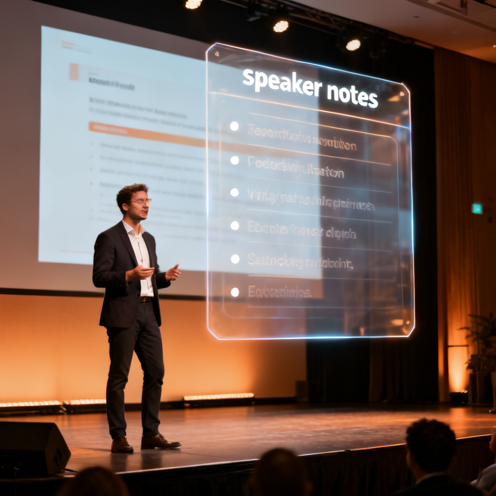 A professional presenter standing confidently on a stage, with a large screen behind them showing a slide and a floating, transparent 'speaker notes' overlay with structured bullet points. The style is clean, modern, and business-focused, with warm lighting.