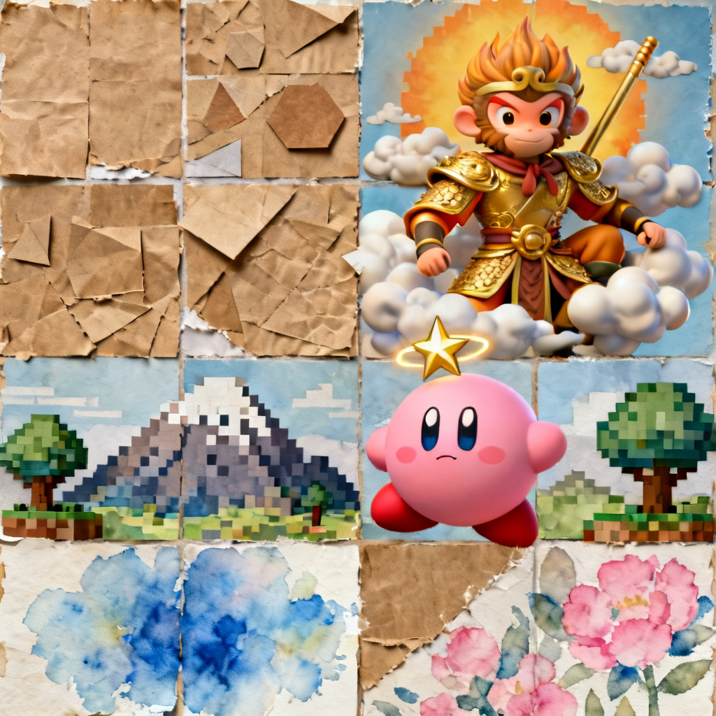 A collage of diverse artistic styles generated by ChatPPT, including 3D Journey to the West style, Kirby style, pixel art, kraft paper collage style, and watercolor style
