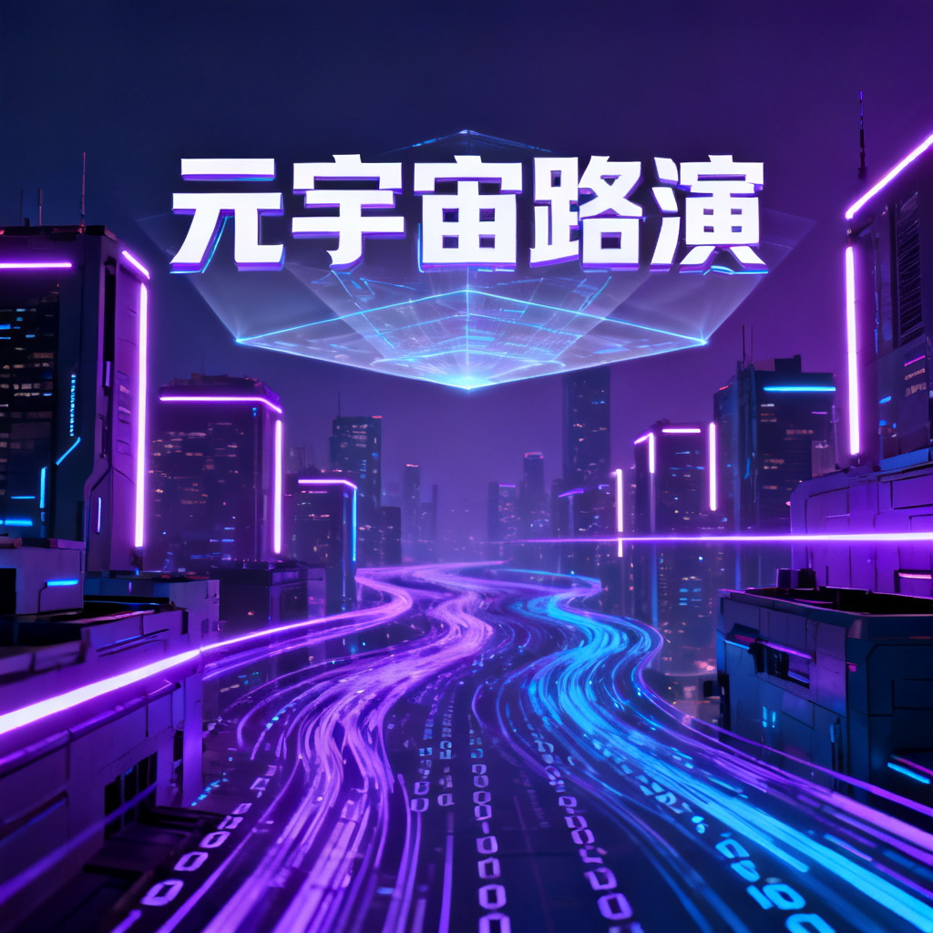 赛博朋克风格元宇宙路演PPT封面，包含霓虹灯、数字流、未来城市元素，色调为紫蓝对比，带有全息投影和科技感文字