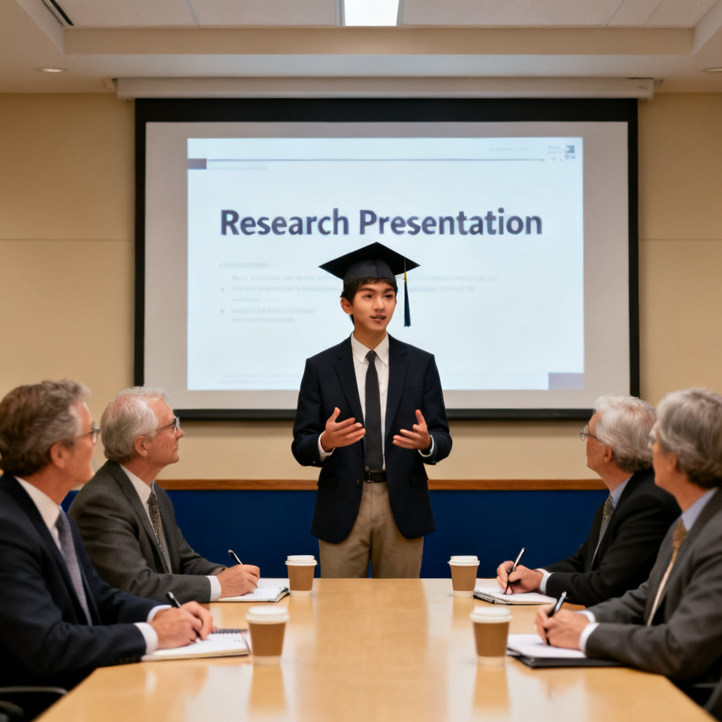 A confident graduate student standing in front of a panel of professors in a university conference room, presenting a PowerPoint slide on a large screen. The student is speaking clearly, and the professors are listening attentively. The atmosphere is professional and positive.