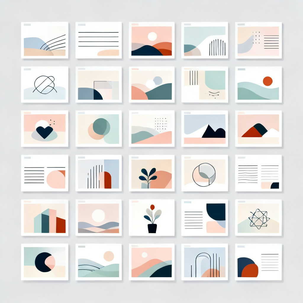 A grid of 20 miniature slides generated by ChatPPT, each with a unique but cohesive visual style, demonstrating batch generation capability.