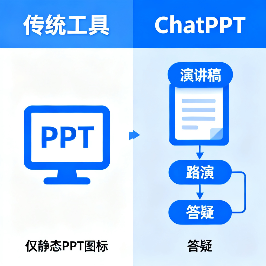 一张对比图，左侧传统工具只有静态PPT图标，右侧ChatPPT包含演讲稿、路演、答疑等完整链路，风格信息图