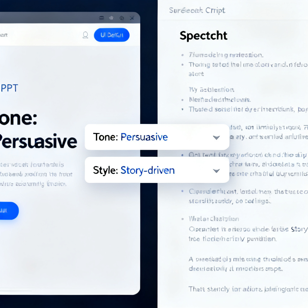 A split-screen interface showing a PPT slide on the left and a structured speech script on the right, with dropdown menus for "Tone: Persuasive" and "Style: Story-driven".