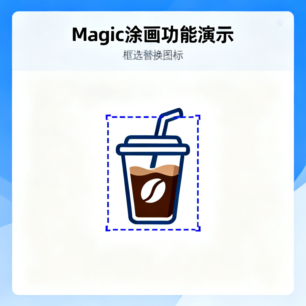 Magic涂画功能演示，框选PPT中的奶茶图标，替换为咖啡图标，光影融合自然